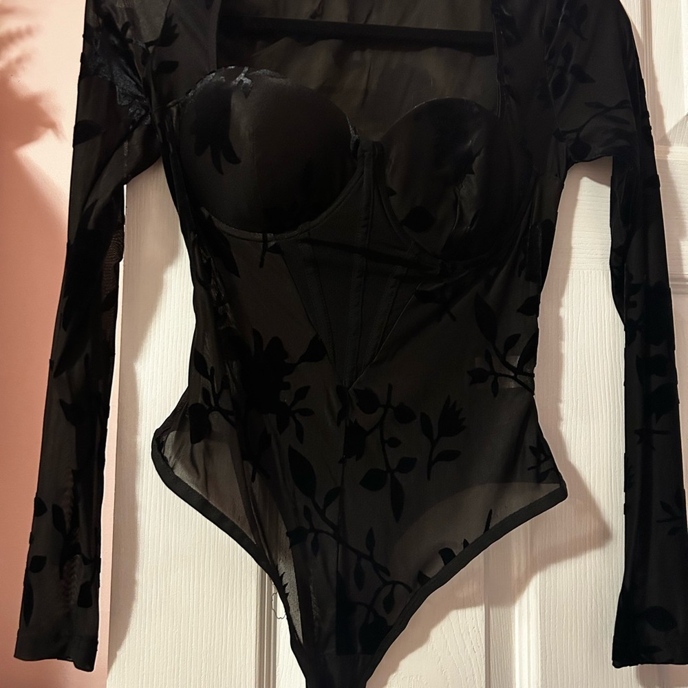 Windsor Black Sheer Floral Mesh Long-Sleeve Bodysuit